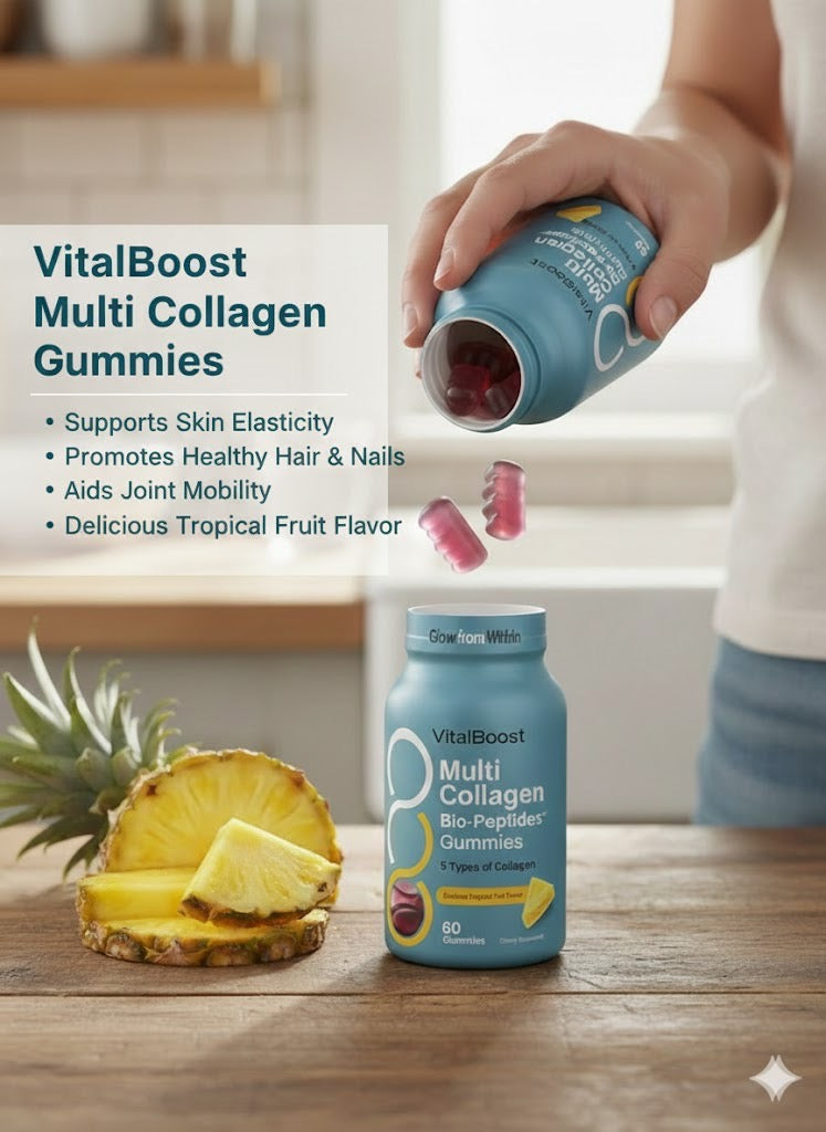 VitalBoost Multi Collagen Bio-Peptides Gummies - Delicious Tropical Fruit Flavor, 60 Count